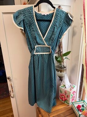 Betsey Johnson Teal Polka Dot Midi Dress with Cream Trim